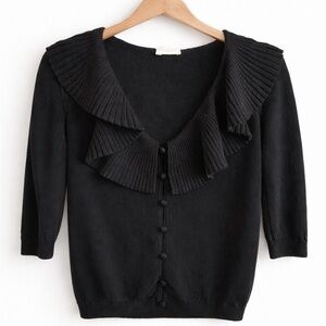 Valentino Roma Black Ribbed Ruffle Collar Cardigan Sweater Italy